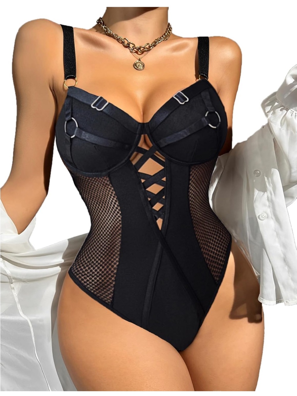 Avid Love Black Lace-Panel Mesh Bodysuit Chemise